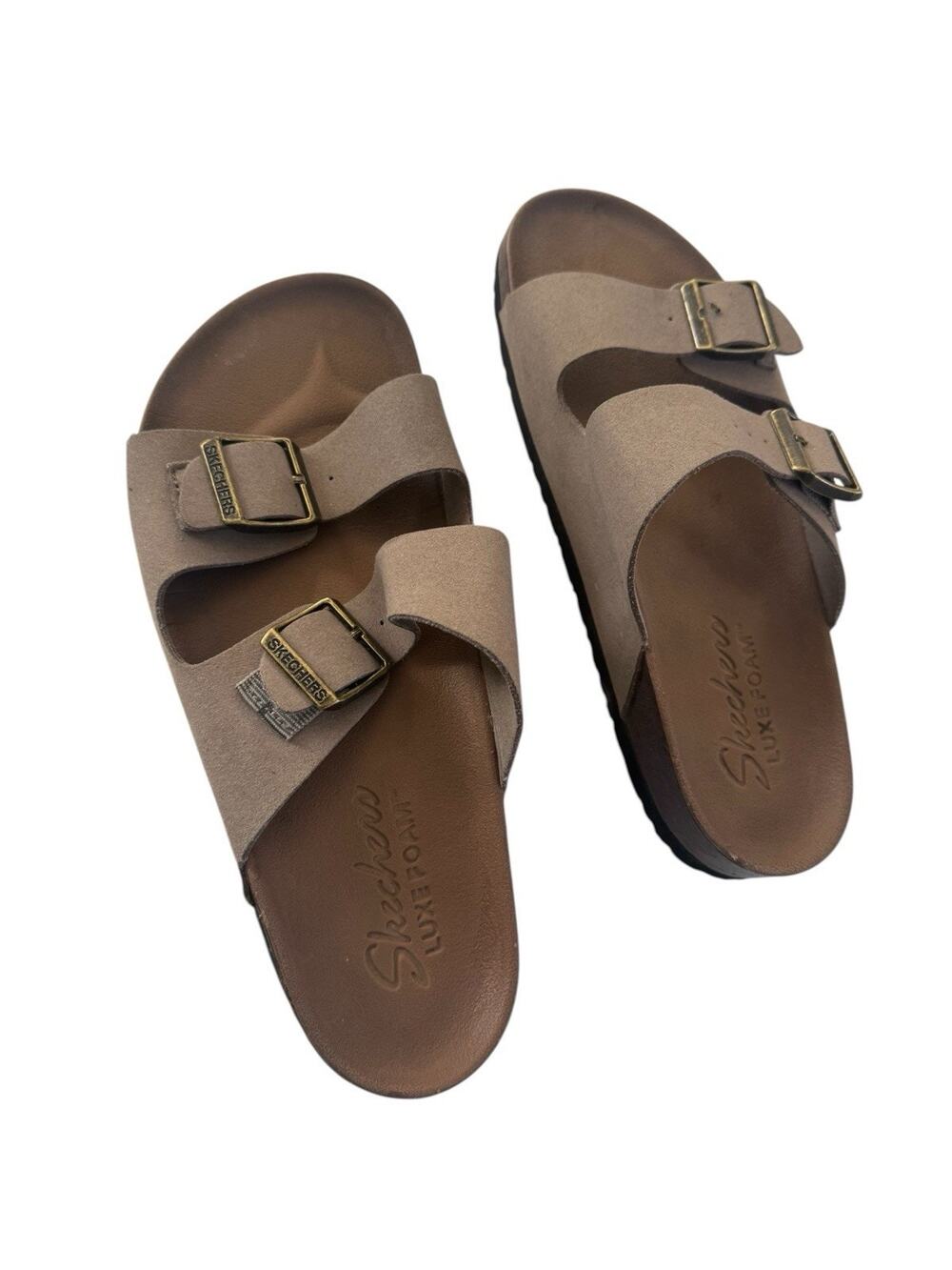 Skechers Womens Size 6 Luxe Foam Taupe Double Strap Slide Sandals Vegan